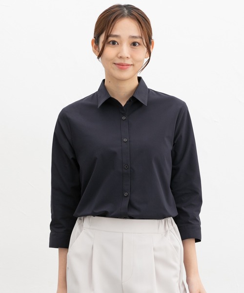 Honeys(ハニーズ)の「【らくらくアイロン】らくらく伸縮7分袖シャツ(ビジネスシャツ・レディース・ホワイト/ネイビー/ホワイト×ブルー/グレー系その他/ブルー系その他3/サックスブルー/ホワイト×パープル・3L/L/LL/M/S)」の14枚目の写真