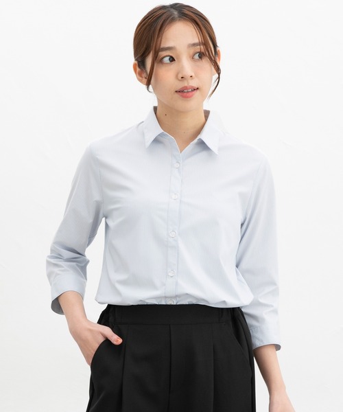Honeys(ハニーズ)の「【らくらくアイロン】らくらく伸縮7分袖シャツ(ビジネスシャツ・レディース・ホワイト/ネイビー/ホワイト×ブルー/グレー系その他/ブルー系その他3/サックスブルー/ホワイト×パープル・3L/L/LL/M/S)」の16枚目の写真