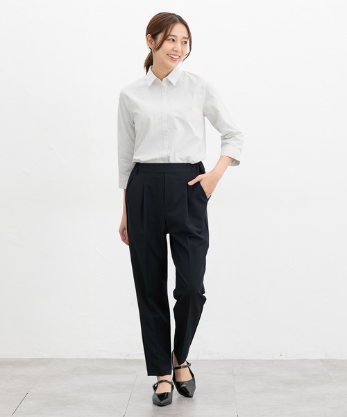 Honeys(ハニーズ)の「【らくらくアイロン】らくらく伸縮7分袖シャツ(ビジネスシャツ・レディース・ホワイト/ネイビー/ホワイト×ブルー/グレー系その他/ブルー系その他3/サックスブルー/ホワイト×パープル・3L/L/LL/M/S)」の8枚目の写真