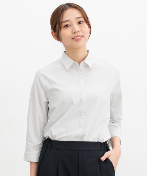 Honeys(ハニーズ)の「【らくらくアイロン】らくらく伸縮7分袖シャツ(ビジネスシャツ・レディース・ホワイト/ネイビー/ホワイト×ブルー/グレー系その他/ブルー系その他3/サックスブルー/ホワイト×パープル・3L/L/LL/M/S)」の9枚目の写真