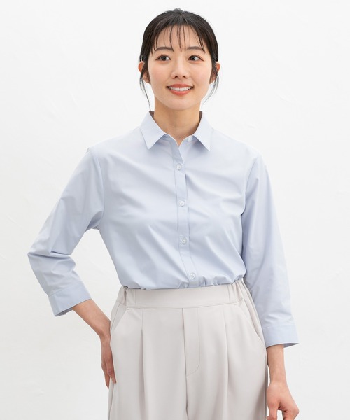 Honeys(ハニーズ)の「【らくらくアイロン】らくらく伸縮7分袖シャツ(ビジネスシャツ・レディース・ホワイト/ネイビー/ホワイト×ブルー/グレー系その他/ブルー系その他3/サックスブルー/ホワイト×パープル・3L/L/LL/M/S)」の20枚目の写真