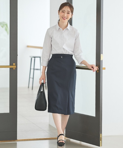 Honeys(ハニーズ)の「【らくらくアイロン】らくらく伸縮7分袖シャツ(ビジネスシャツ・レディース・ホワイト/ネイビー/ホワイト×ブルー/グレー系その他/ブルー系その他3/サックスブルー/ホワイト×パープル・3L/L/LL/M/S)」の21枚目の写真