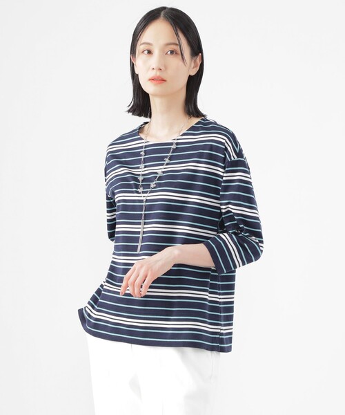 tシャツ 「ウォッシャブル」ジャカードボーダーシルケット　プルオーバー レディース セール】【ウォッシャブル】ジャカードボーダーシルケット プル