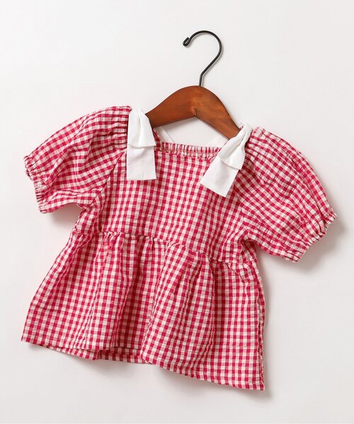 apres les cours（アプレレクール）の「【WEB限定/ジュニア対応】肩リボンギンガムチュニック（チュニック・キッズ・レッド/ブラック・140/130/120/110/100/90/80）」の2枚目の写真