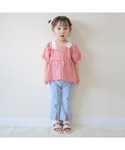 apres les cours（アプレレクール）の「【WEB限定/ジュニア対応】肩リボンギンガムチュニック（チュニック・キッズ・レッド/ブラック・140/130/120/110/100/90/80）」の3枚目の写真