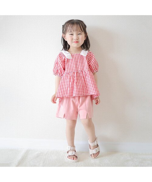 apres les cours（アプレレクール）の「【WEB限定/ジュニア対応】肩リボンギンガムチュニック（チュニック・キッズ・レッド/ブラック・140/130/120/110/100/90/80）」の5枚目の写真