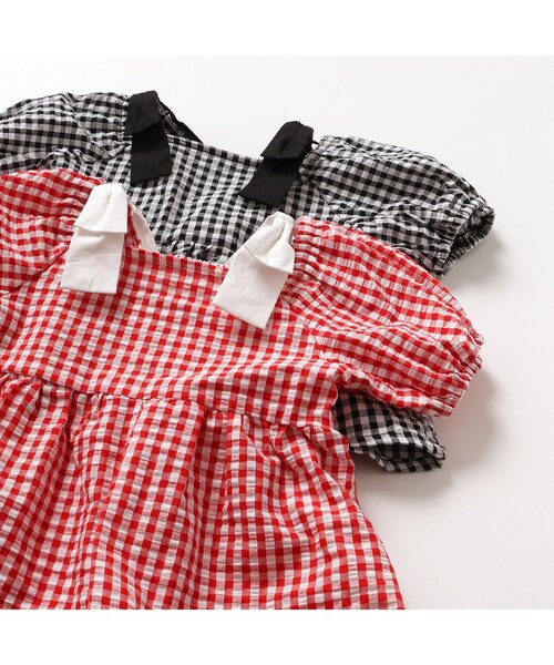 apres les cours（アプレレクール）の「【WEB限定/ジュニア対応】肩リボンギンガムチュニック（チュニック・キッズ・レッド/ブラック・140/130/120/110/100/90/80）」の7枚目の写真
