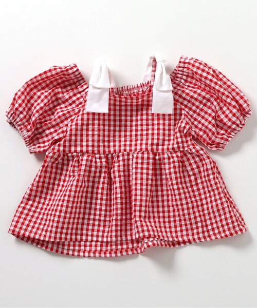 apres les cours（アプレレクール）の「【WEB限定/ジュニア対応】肩リボンギンガムチュニック（チュニック・キッズ・レッド/ブラック・140/130/120/110/100/90/80）」の10枚目の写真