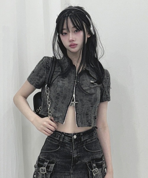 tシャツ ダメージダブルジップポロトップス レディース ダメージダブルジップポロトップス（Tシャツ/カットソー）｜KsG