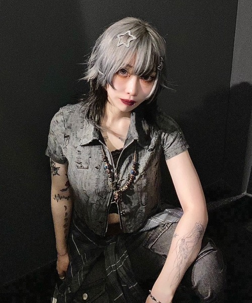 tシャツ ダメージダブルジップポロトップス レディース ダメージダブルジップポロトップス（Tシャツ/カットソー）｜KsG