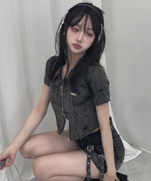 tシャツ ダメージダブルジップポロトップス レディース ダメージダブルジップポロトップス（Tシャツ/カットソー）｜KsG