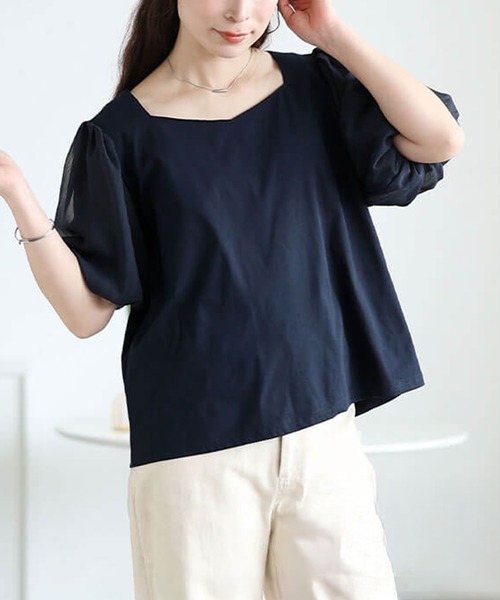 GOLDJAPAN（ゴールドジャパン）の「シフォンバルーンスリーブプルオーバー【大きいサイズ対応】（シャツ/ブラウス・レディース・グレー/オフホワイト/ブラウン/ネイビー/ブラック・LL/3L/4L/5L）」の5枚目の写真