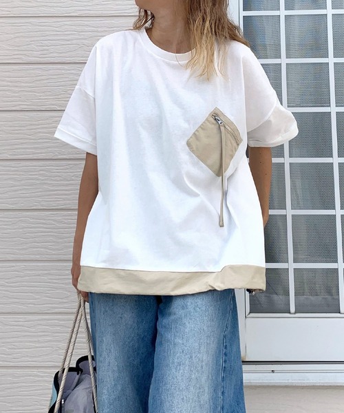 Q(キュー)の「配色ポケットT(Tシャツ/カットソー・レディース・ライム/ブラック/アイボリー・MEDIUM)」の2枚目の写真