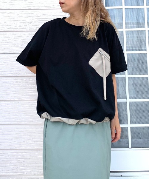 Q(キュー)の「配色ポケットT(Tシャツ/カットソー・レディース・ライム/ブラック/アイボリー・MEDIUM)」の3枚目の写真