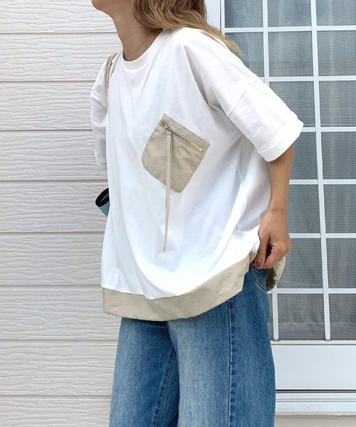 Q(キュー)の「配色ポケットT(Tシャツ/カットソー・レディース・ライム/ブラック/アイボリー・MEDIUM)」の22枚目の写真