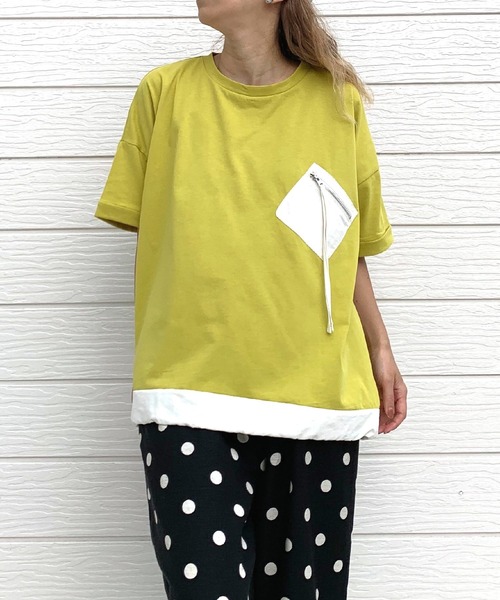 Q(キュー)の「配色ポケットT(Tシャツ/カットソー・レディース・ライム/ブラック/アイボリー・MEDIUM)」の19枚目の写真