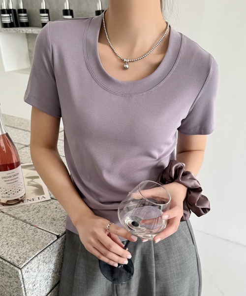 Lace Ladies(レースレディース)の「ラウンドネック ベーシック タイト 半袖 Tシャツ(Tシャツ/カットソー・レディース・ベージュ/ホワイト/ブラック/ラベンダー/ピンク/ブラウン・FREE)」の5枚目の写真