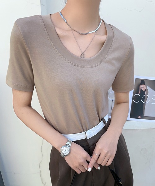 Lace Ladies(レースレディース)の「ラウンドネック ベーシック タイト 半袖 Tシャツ(Tシャツ/カットソー・レディース・ベージュ/ホワイト/ブラック/ラベンダー/ピンク/ブラウン・FREE)」の1枚目の写真