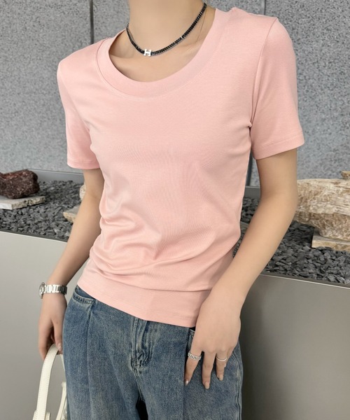 Lace Ladies(レースレディース)の「ラウンドネック ベーシック タイト 半袖 Tシャツ(Tシャツ/カットソー・レディース・ベージュ/ホワイト/ブラック/ラベンダー/ピンク/ブラウン・FREE)」の6枚目の写真