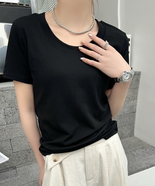 Lace Ladies(レースレディース)の「ラウンドネック ベーシック タイト 半袖 Tシャツ(Tシャツ/カットソー・レディース・ベージュ/ホワイト/ブラック/ラベンダー/ピンク/ブラウン・FREE)」の3枚目の写真