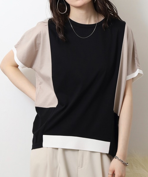 エグランティーヌ EGLANTINE バックタックデザインTシャツ 素材切り替え 裾シアーカットソー （ブラック） エグランティーヌ EGLANTINE バックタックデザインTシャツ 素材