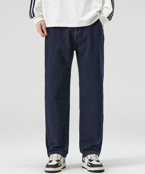 LOWO(ロワ)の「綿混ハイウエストストレートデニムパンツ(デニムパンツ・メンズ・ネイビー・S/M/L)」の1枚目の写真