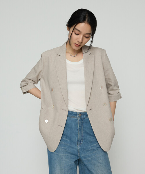 セール】リネンストレッチ ダブルブレストジャケット