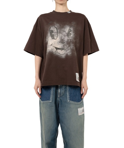 Happy Face Printed Distressed T-shirt（Tシャツ/カットソー
