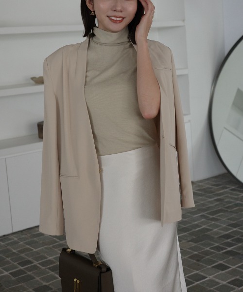 セール】ライトダブルサテンノーカラージャケット（ノーカラー