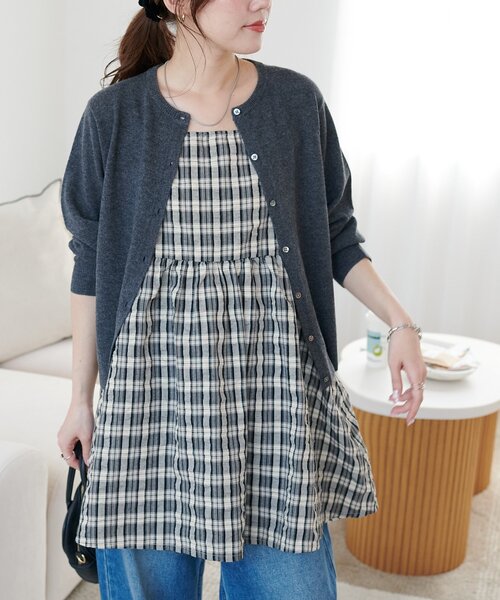 DISCOAT(ディスコート)の「【新色追加!】シャーリングチェックキャミチュニック(チュニック・レディース・ネイビー/ベージュ/アイボリー/ブラウン・FREE)」の18枚目の写真