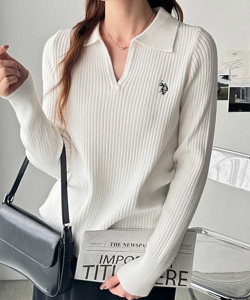 U.S. POLO ASSN.(ユーエスポロアッスン)の「【新色追加】GeeRA別注【U.S. POLO ASSN.】もちもち素材!ワンポイント刺繍ポロ襟スキッパーリブニットプルオーバー(ニット/セーター・レディース・ベージュ/ネイビー/グレー/オフホワイト/チャコール/ブラウン・SMALL/MEDIUM/LARGE)」の7枚目の写真