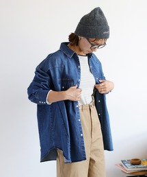 〈セットアップ対応〉ロゴ刺繍ロングデニムシャツ
