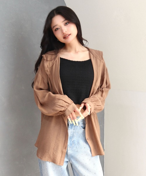 CECIL McBEE（セシルマクビー）の「シアーワッシャーフーディーシャツ（シャツ/ブラウス・レディース・ブラウン/ライトベージュ/ブラック・MEDIUM/LARGE）」の3枚目の写真