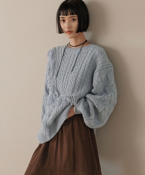 LOWRYS FARM（ローリーズファーム）の「ケーブルフリンジLONG丈  588919（ニット/セーター・レディース・ブルー/アイボリー/ブラウン・FREE）」の3枚目の写真