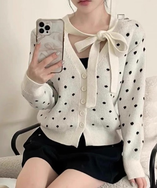 セール】【秋冬新作】ミニドット柄V開きカーディガン（カーディガン
