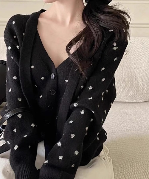セール】【秋冬新作】ミニドット柄V開きカーディガン（カーディガン