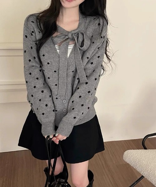 セール】【秋冬新作】ミニドット柄V開きカーディガン（カーディガン