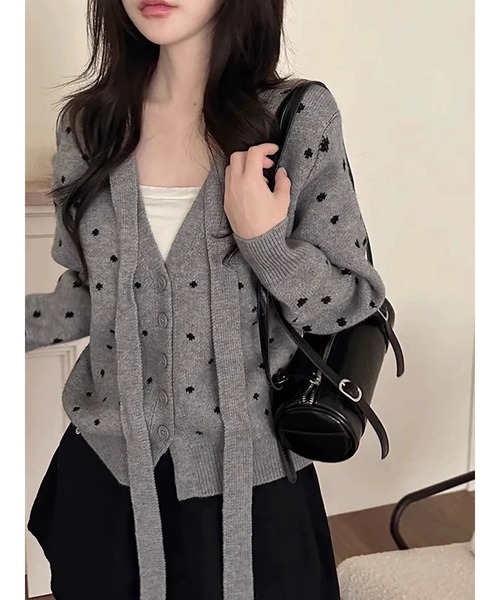セール】【秋冬新作】ミニドット柄V開きカーディガン（カーディガン