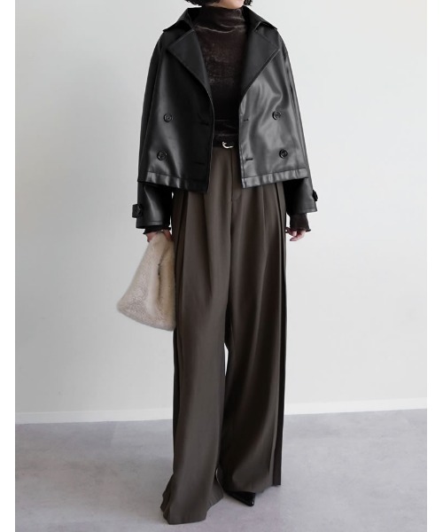 Re:EDIT（リエディ）の「[2025AW COLLECTION]フェイクレザートレンチジャケット（ライダースジャケット・レディース・ブラック/ブラウン・MEDIUM/LARGE）」の9枚目の写真