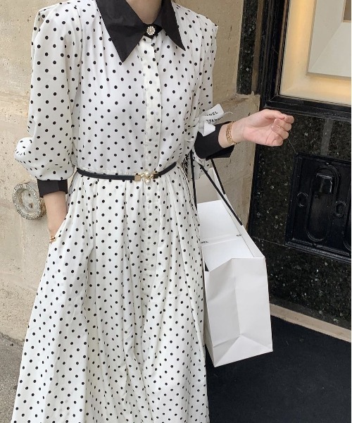 FREE STYLISTS(フリー スタイリスト)の「YUGA_YGMC Lapel dot flare dress(ワンピース・レディース・ブラック/ホワイト・FREE)」の1枚目の写真
