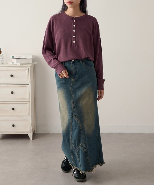 HANES(ヘインズ)の「【Hanes】ヘンリーネックオーバークルーネック HW4-C104(Tシャツ/カットソー・レディース・グレー/オフホワイト/ダークネイビー/レッド・FREE)」の11枚目の写真