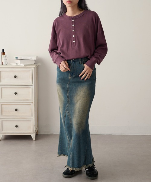 HANES(ヘインズ)の「【Hanes】ヘンリーネックオーバークルーネック HW4-C104(Tシャツ/カットソー・レディース・グレー/オフホワイト/ダークネイビー/レッド・FREE)」の12枚目の写真