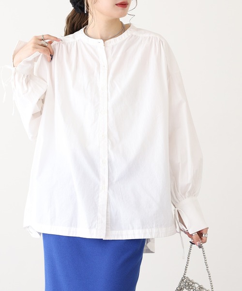 OMNES(オムネス)の「製品洗いコットンブロード袖口リボンオーバーシャツ(シャツ/ブラウス・レディース・ホワイト/ブルー系その他/ライトグレー・FREE)」の5枚目の写真
