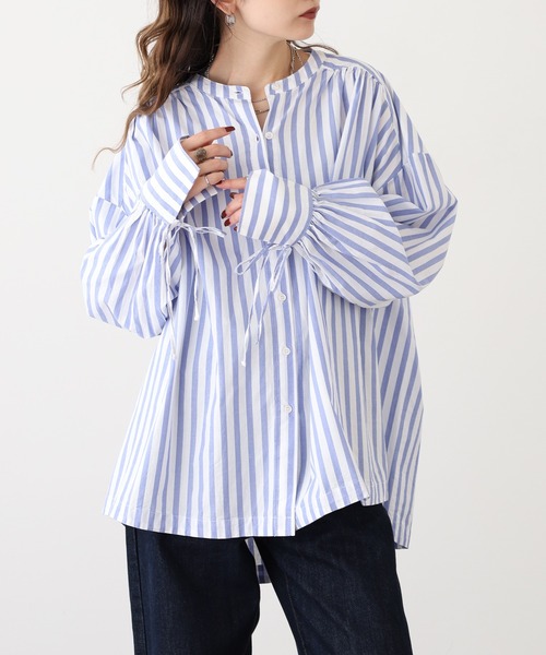 OMNES(オムネス)の「製品洗いコットンブロード袖口リボンオーバーシャツ(シャツ/ブラウス・レディース・ホワイト/ブルー系その他/ライトグレー・FREE)」の9枚目の写真