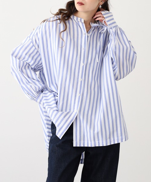 OMNES(オムネス)の「製品洗いコットンブロード袖口リボンオーバーシャツ(シャツ/ブラウス・レディース・ホワイト/ブルー系その他/ライトグレー・FREE)」の8枚目の写真