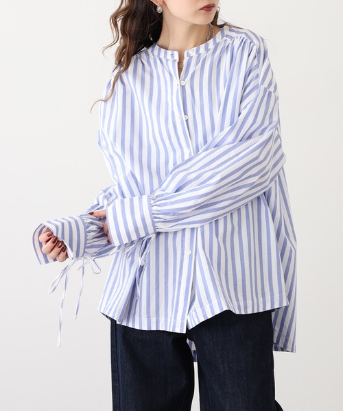 OMNES(オムネス)の「製品洗いコットンブロード袖口リボンオーバーシャツ(シャツ/ブラウス・レディース・ホワイト/ブルー系その他/ライトグレー・FREE)」の10枚目の写真