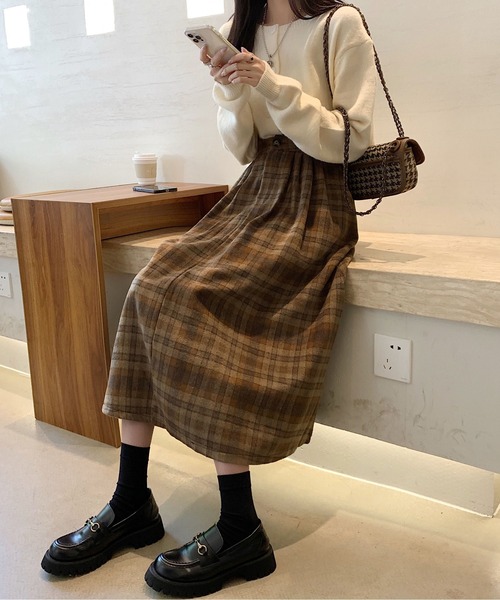 gossip！ロサンゼルス（ゴシップロサンゼルス）の「Y2K ヴィンテージスタイル チェック柄 Aラインスカート 通勤＆カジュアルデイリー対応（スカート・レディース・チェック/ブラウン・FREE）」の15枚目の写真