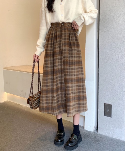 gossip！ロサンゼルス（ゴシップロサンゼルス）の「Y2K ヴィンテージスタイル チェック柄 Aラインスカート 通勤＆カジュアルデイリー対応（スカート・レディース・チェック/ブラウン・FREE）」の5枚目の写真