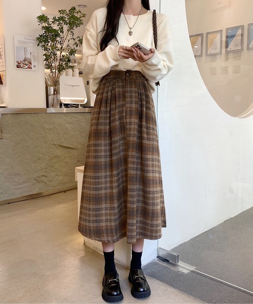 gossip！ロサンゼルス（ゴシップロサンゼルス）の「Y2K ヴィンテージスタイル チェック柄 Aラインスカート 通勤＆カジュアルデイリー対応（スカート・レディース・チェック/ブラウン・FREE）」の6枚目の写真