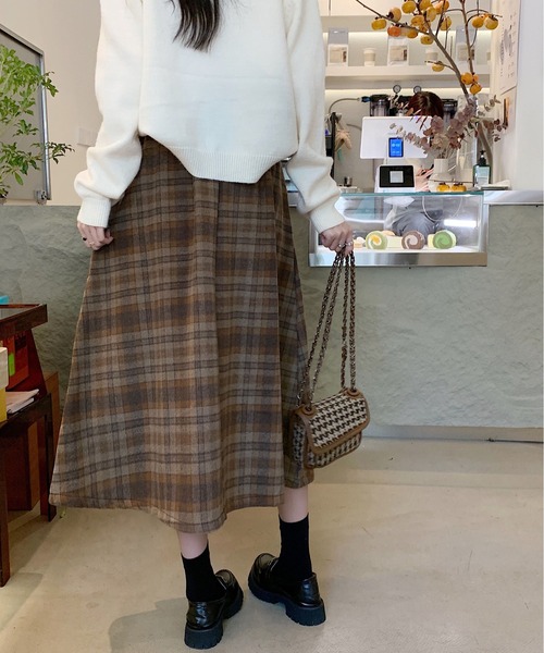 gossip！ロサンゼルス（ゴシップロサンゼルス）の「Y2K ヴィンテージスタイル チェック柄 Aラインスカート 通勤＆カジュアルデイリー対応（スカート・レディース・チェック/ブラウン・FREE）」の8枚目の写真